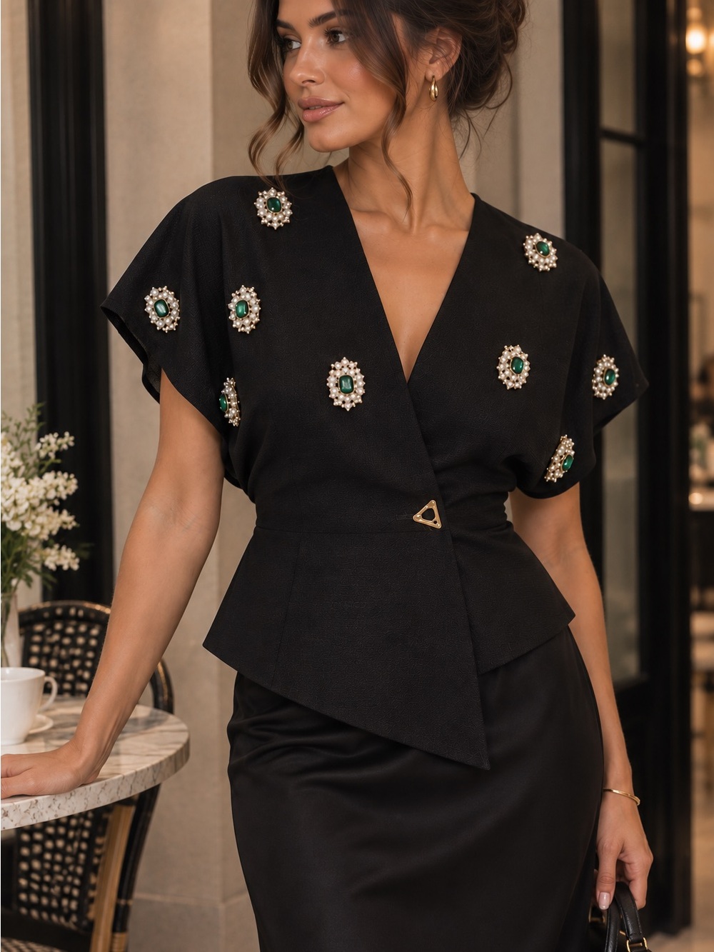 🖤Commense Jeweled Short Sleeve V-Neck Top